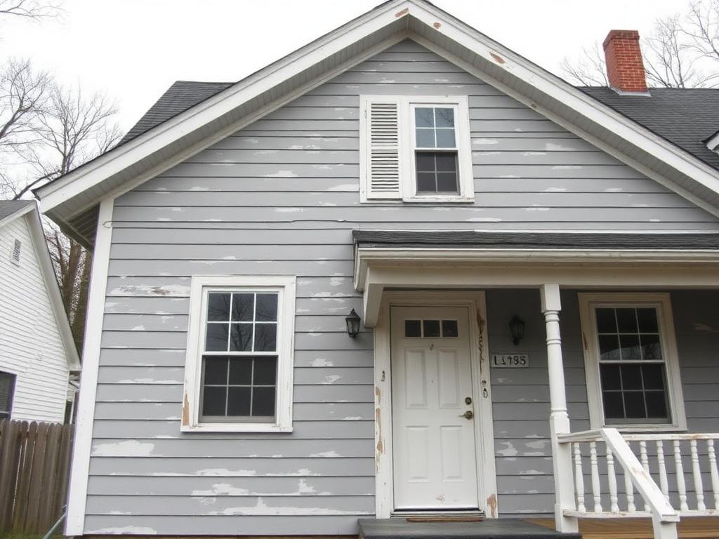 Peeling clapboard scraped, primed and fully repainted — before